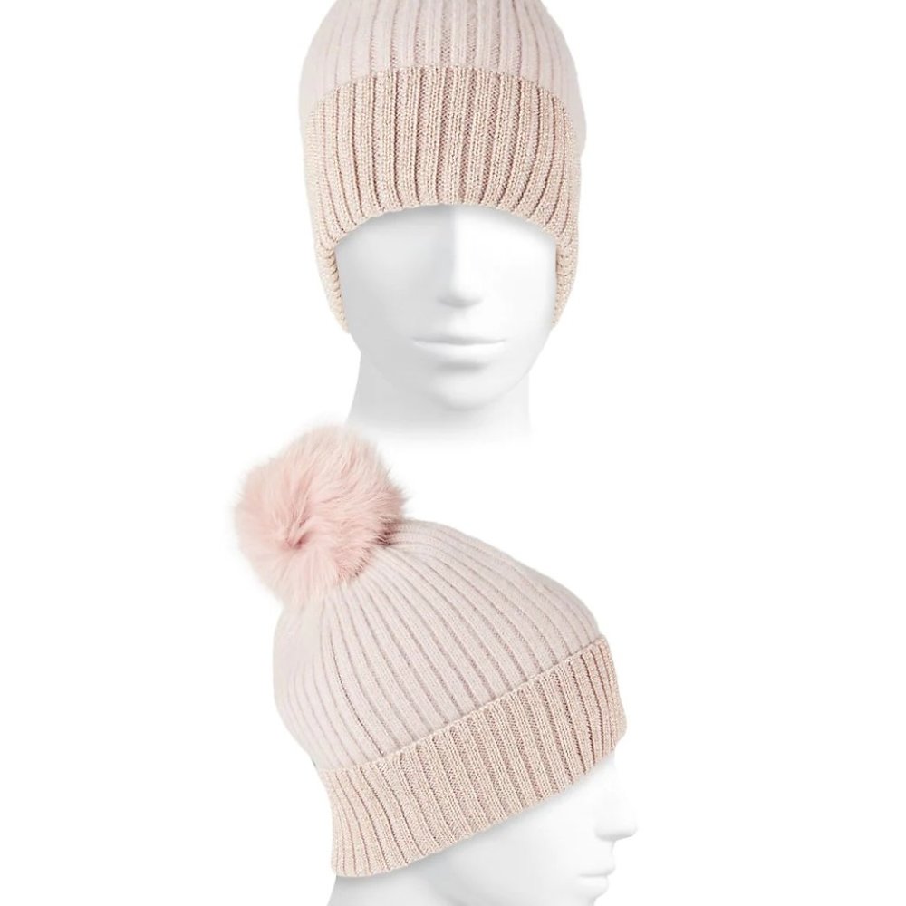 Fox Fur Pom-Pom & Metallic Cuff Cashmere Beanie - Picture 2 of 5